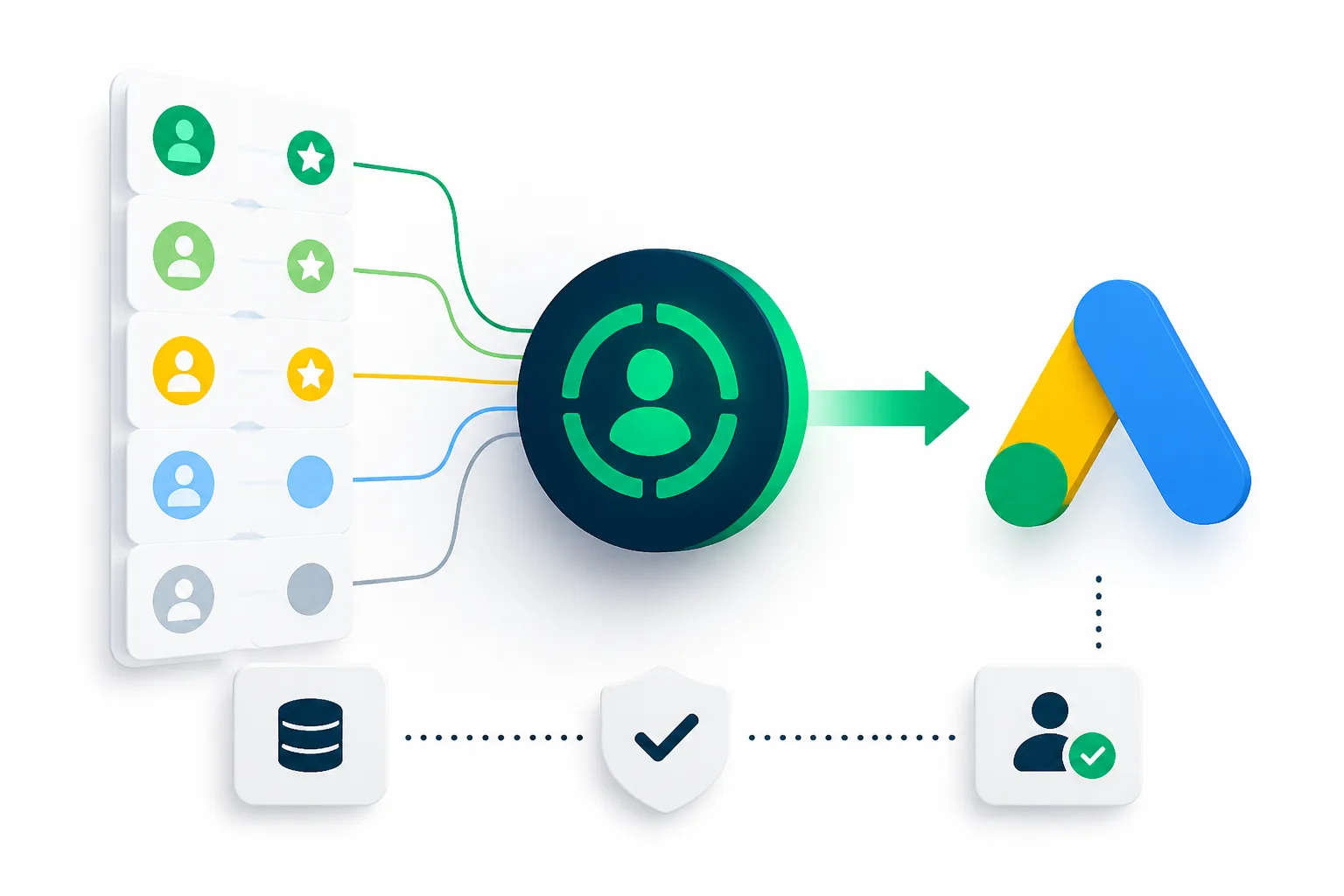 Schematische audit van websitelead, CRM-status en conversiewaarde in Google Ads.