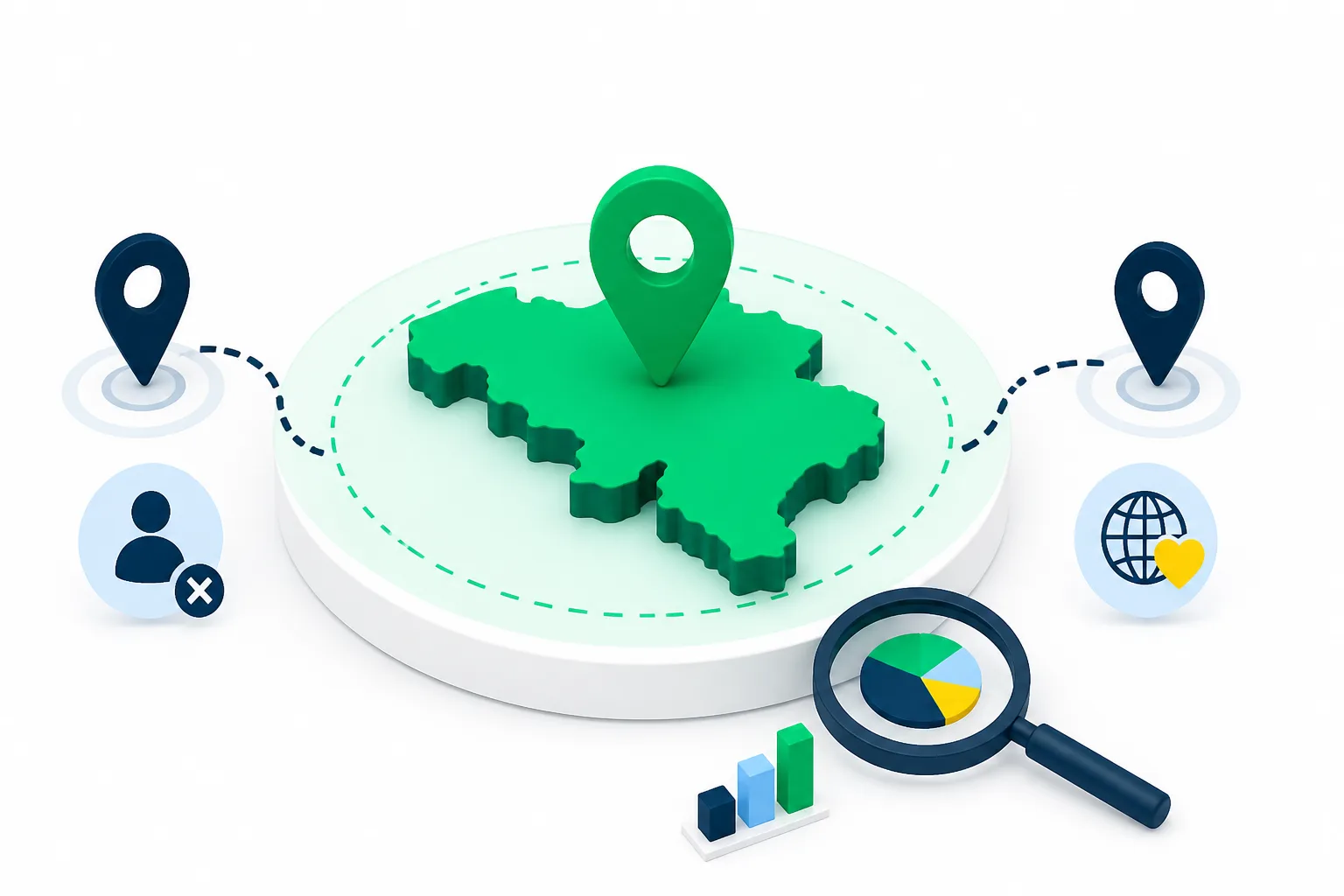 Illustratie van Google Ads-locatie-instellingen voor een Belgisch werkgebied met controle van aanwezigheid en interesse.